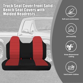 Fioqe Front Bench Seat Cover with Molded Headrests for Ford F150 F250 F350 1992-1998,Pickup Solid Bench Seat No Center Armrest,Washable Truck Seat Protector with Molded Headrests-Red