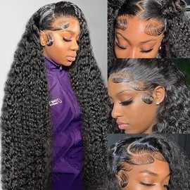 UVVUVV Deep Wave Lace Front Wigs Human Hair 180 Density 13x6 HD Lace Frontal Wigs Human Hair Pre Plucked Deep Curly Glueless Wigs Human Hair with Baby Hair Curly Wigs for Women Natural Color 20 Inch