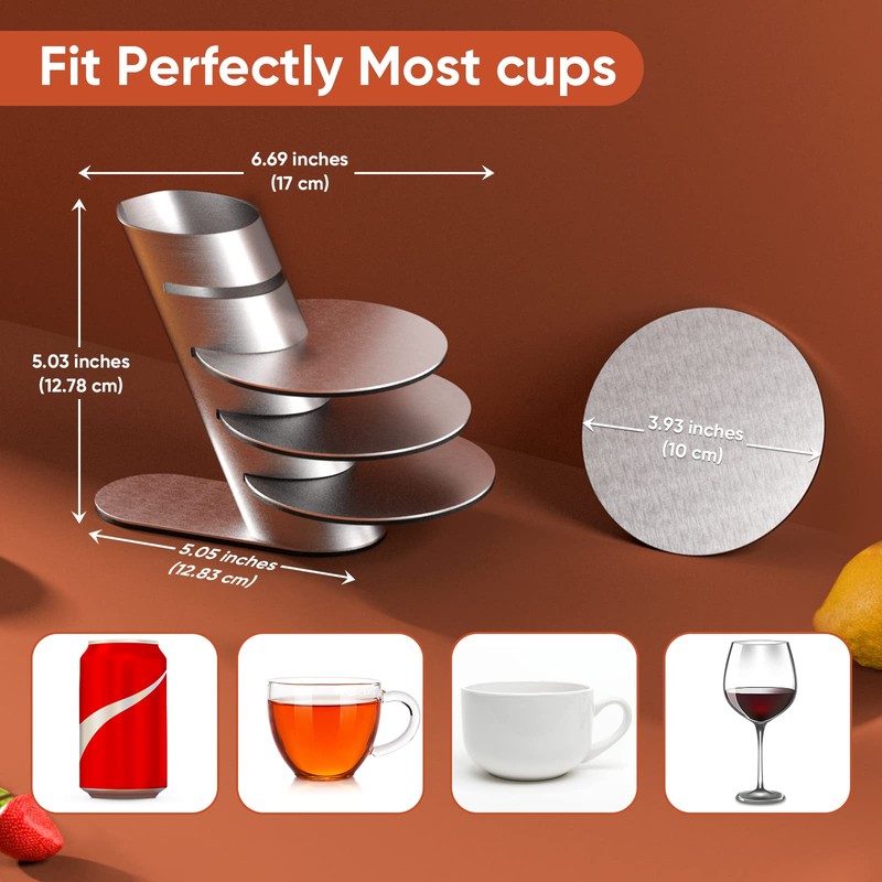 Cup Coasters, Newness Cup Coasters Set with Decorative Rack, Stainless