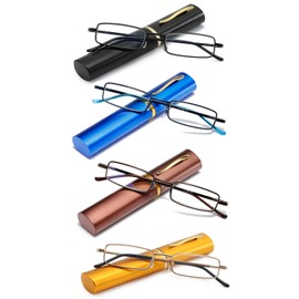 OWTXIS 4 Pack Slim Pen Reading Glasses, Blue Light Blocking Compact Reader Glasses with Portable Clip Case (Black, Blue, Brown, Gold, +1.00)