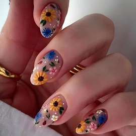 Uñas postizas de almendra, cortas, con pegamento, 3D, flores coloridas y florales, color marrón, cobertura total, uñas acrílicas artificiales con hoja