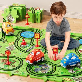 NIPLOOOW 64 PCS Puzzle Track Car Set for Boys & Girls, Ages 3-6, City-Themed Puzzle Race Tracks, Green