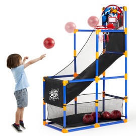 JOYIN Juego de baloncesto para niños con 4 bolas y aro para niños en interiores y exteriores, fácil de instalar, bomba de aire incluida, ideal para