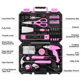 DEKOPRO Pink 98 Piece Tool Set,General Household Hand Tool Kit with Plastic Toolbox Storage Case