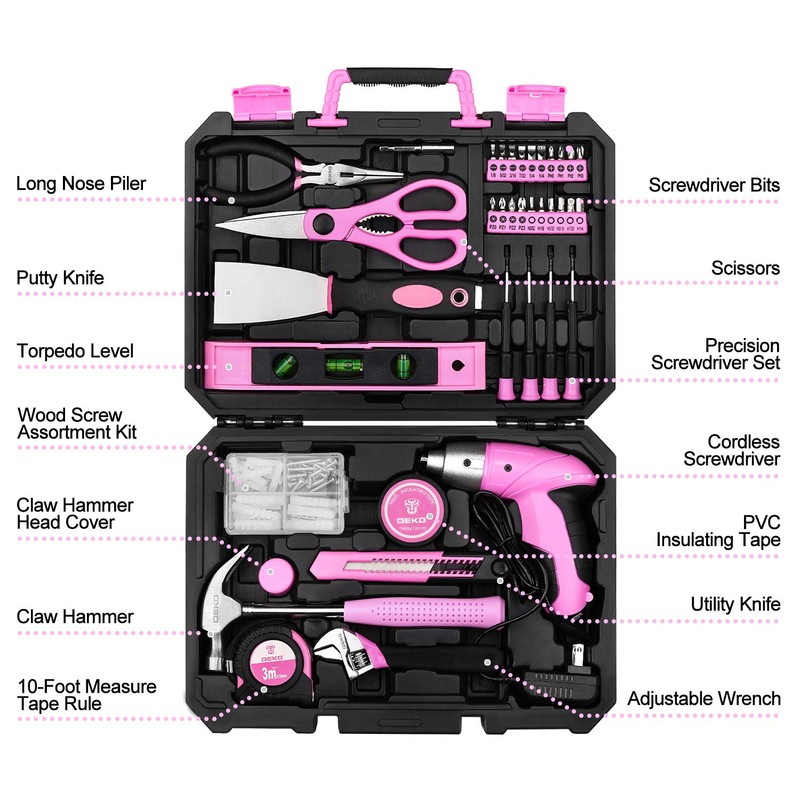 DEKOPRO Pink 98 Piece Tool Set,General Household Hand Tool Kit