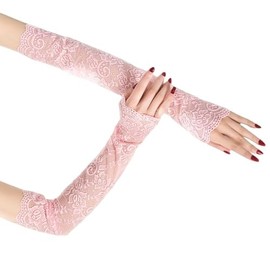 Pink Lace Rose Gloves - Women's & Girls' Bridal & Wedding Long Fingerless Sheer Lace Gloves