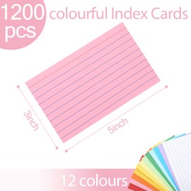 Koogel 1200 PCS Colorful Index Cards, 3x5 Colored Flash Cards Bulk Note Cards with One Ruled Side One Blank Side for School Classroom Office Learning Note Taking