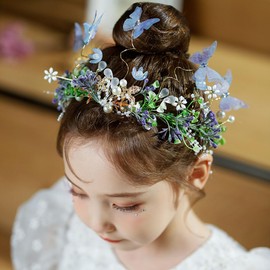 IYOU Flower Girl Hair Accessories Blue Floral Leafs Headband Butterfly Hair Piece Birthday Communion Headpiece for Princess Costume Wedding
