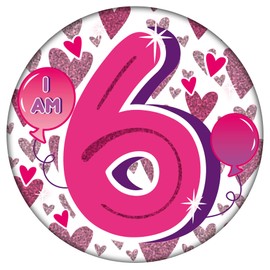 Age 6 Birthday Badge Pink And Silver Balloons Holographic Recyclable 6th Birthday Party Badge