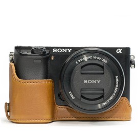 MegaGear MG962 Sony Alpha A6300, A6000 Ever Ready Leather Camera Half Case and Strap, with Battery Access, Light Brown