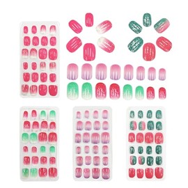 96 Pieces Kids Fake Nails with Nail Glue, Pre-glue Full Cover Short False Nails Lovely, Ready to Wear Press-On Gel Nails for Children girl (Pink,Blue,Gradient,Glitter, One Size)