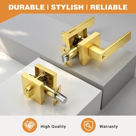 Probrico Brushed Gold Exterior Door Locksets Heavy Duty, Keyed Alike Square Front Entry Door Handle and Double Cylinder Deadbolt Set, (Satin Brass, 2Pack)