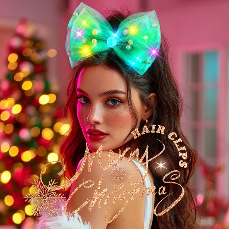 Christmas Light Up Bow Clips Xmas Hair Barrettes LED Neon