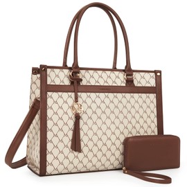 Missnine Laptop Tote Bag 15.6 inch Laptop Bag Stylish Briefcase for Women Work Shoulder Bags with Clutch Wallet 2 PCS Set (Dark Beige)