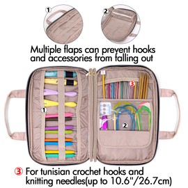 YARWO Knitting Needles Case (up to 27 cm), Crochet Hooks Organizer with Double Handle for Circular Knitting Needles and Knitting Accessories, Dusty Rose (Bag Only)