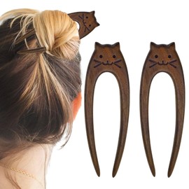 2 PACK Ebony Cat Face Hair Forks, U Shaped Wooden Hair Pins for Buns, French Vintage Matte Hairpins, Valentines Christmas Wedding Prom Decorative accessories for Women Girls Long Thick Hair Updo