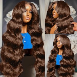 200 Density 13X6 Chocolate Brown Body Wave Lace Front Wigs Human Hair 13x6 HD Transparent Lace Front Wigs For Women Auburn Brown Colored with Baby Hair Glueless Wigs Human Hair Full And Thick 18 Inch