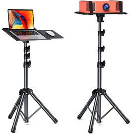 AMADA HOMEFURNISHING Foldable Projector Tripod, Multipurpose Laptop Stand with Removable Mouse Tray, Adjustable Height 25-63 Inch, Outdoor Movie Projector Stand, AMPS03