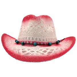 Cowboy/Cowgirl Straw Hat Panama with Western/Western Band Unisex One Size Men Women for Summer Coachella Beach in Brazilian Country Style Bohemian Indiana Natural Raffia, XH13003 Red, Unit size