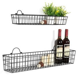 MyGift Country Rustic Wall-Mounted Openwork Black Metal Mesh Storage Baskets Display Racks, Set of 2