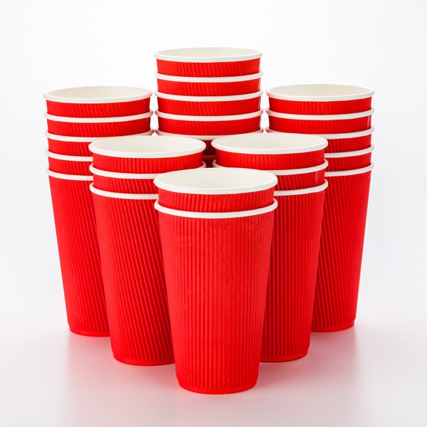 500-CT Disposable Red 16-OZ Hot Beverage Cups with Ripple Wall Design: No Need for Sleeves - Perfect for Cafes - Eco-Friendly Recyclable Paper - Insulated - Wholesale Takeout Coffee Cup