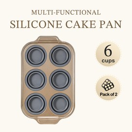 LCKitchen 2-Pack Silicone Foldable Baking Pans With Metal Reinforced Frame Nonstick 6 Cups for Baking Muffins, Egg Bites, Brownies, Puddings, Dishwasher Safe BPA Free
