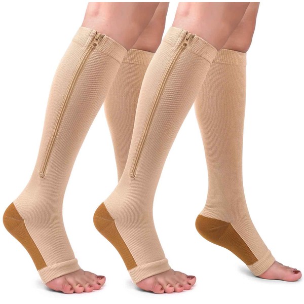 2 pares de calcetines de compresión con cremallera de cobre para mujeres y hombres, de 20 a 30 mmhg, soporte de pierna abierta, calcetines altos hasta la rodilla, para uso médico, circulación, 01-piel, Small