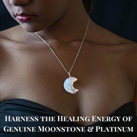 Halukakah Crystals and Healing Stones Women's Necklace Natural Moonstone Platinum Plated Brass Wire Handmade Winding Tree of Life Moon Shape Pendant 1.2"x1.6" with Chain 20"