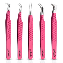 5-Piece Stainless Steel Lash Tweezers Set with PU Leather Case – Precision Straight and Curved Tips for Eyelash Extensions, Nail Art, and Crafting – Professional-Grade Tools for Salon and Ho