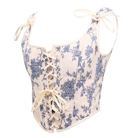 Bslingerie® Women Retro Vintage Victorian Animal Cat Print Bustier Renaissance Crop Top Tank Top Corset (XS, Blue Floral)
