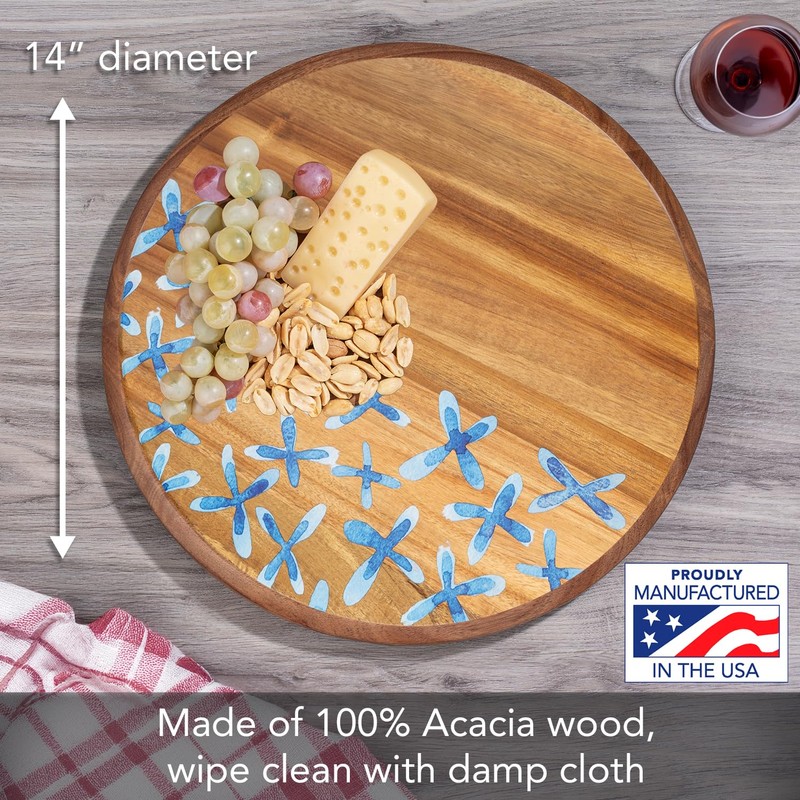 Thirstystone Acacia Wood Lazy Susan Turntable with Decorative Blue Floral