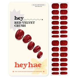 Heyhae Tiras de gel semicurado para uñas | No requiere lámpara LED | Otoño, rojo, glitter | Fácil de aplicar y retirar, acabado de salón | Kit completo - Hey, Red Velvet Crush