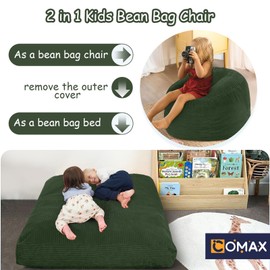 COMAX Kids Bean Bag Chair Turn into Beanbag Bed, Toddler Bean Chair Corduroy for Girl Boy Sleeping, Lazy Children Bean Bags with Filler, Convertible Child Floor Mattress, Dark Green