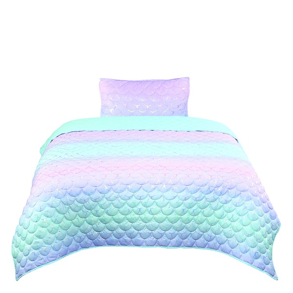 Tadpoles Girls Mermaid Pattern Quilt Set, with 1 Twin Size Quilt and 1 Standard Sham, Lightweight, Soft, and Durable, Iridescent Metallic, for Kids, 2-Piece Set - Twin.