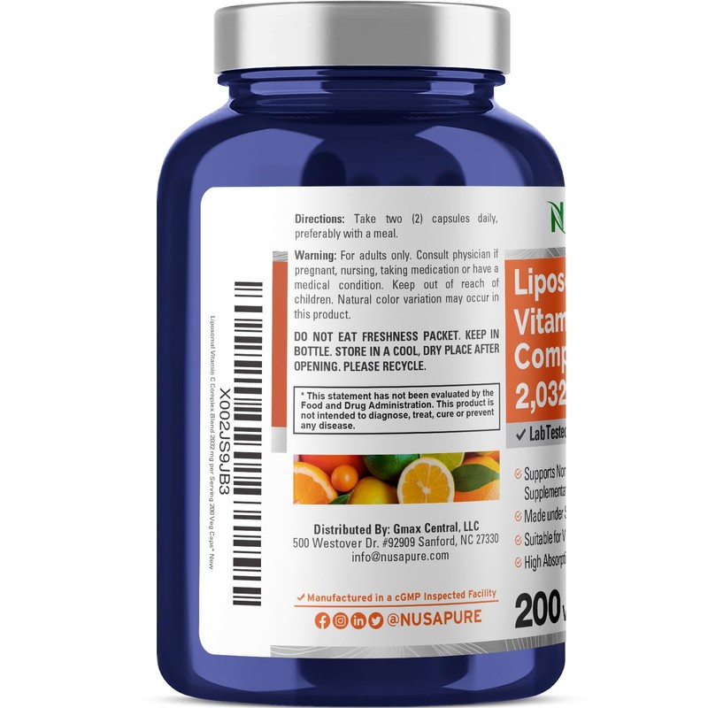 NusaPure Liposomal Vitamin C 2032mg - 200 Veggie Vegan Capsules,