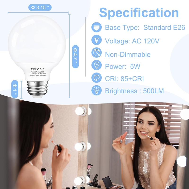Cotanic Vanity Light Bulb 5000K Daylight,G25 LED Globe Light Bulbs
