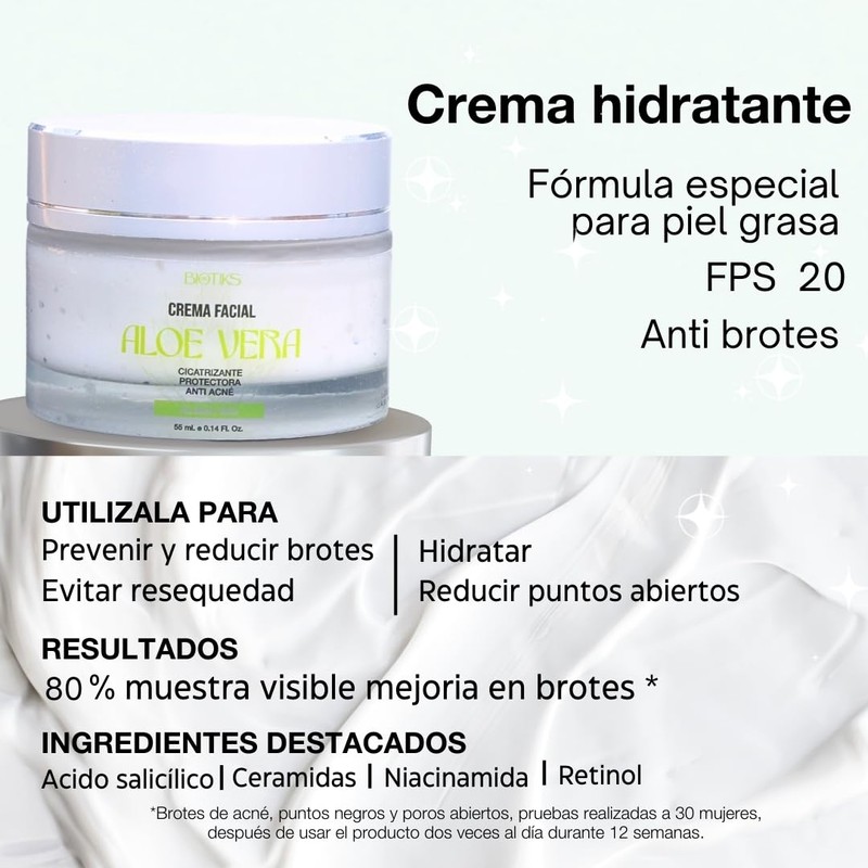 Crema Facial Hidratante Antiacné con Aloe Vera, 50 ml Biotiks