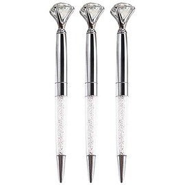 Danse Jupe 3 Pcs Big Crystal Diamond Pens,Bling Metal Ballpoint Pen with Refills,1.0 mm,Black Ink Office Supplies Gift Pens for Christmas Bridesmaid Wedding Birthday Silver