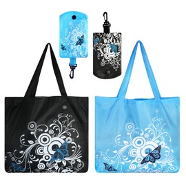 Tikplus 2 Pcs Foldable Shopping Bag, Beach Bag Reusable, Large Tote Bags Fold up in Pouch, Floral Fabric Handbag Grocery Food Shopping for Daily Holiday (17 x 18 Inch)