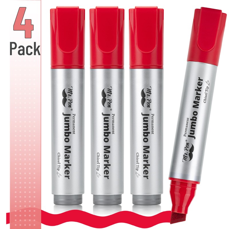 Mr. Pen- Jumbo Permanent Markers, 4 Pack, Red, Chisel Tip,