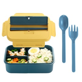 YAGGOOD Lunch Box, Bento Box for Kids Adults, Food Container with 3 Cutlery Set Compartments Lunchbox, BPA Free (Blue-Yellow)