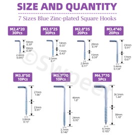 Swpeet 125Pcs 7 Sizes Blue White Metal Screw-in Square Bend Hooks Kit, Square Bend Hooks L Shaped Self-Tapping Screws Hook L Type Photo Frame Right Angle Hook for Home/Workplace/Office Hanging
