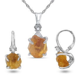 real raw citrine drop earrings and necklace set November birthstone gift for her 925 sterling silver white gold plated uniquelan jewelry (citrine)