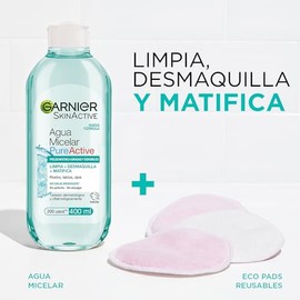 Garnier Skin Active Agua micelar desmaquillante Pure Active para piel mixta y grasa, 400ml. Desmaquilla, limpia y matifica