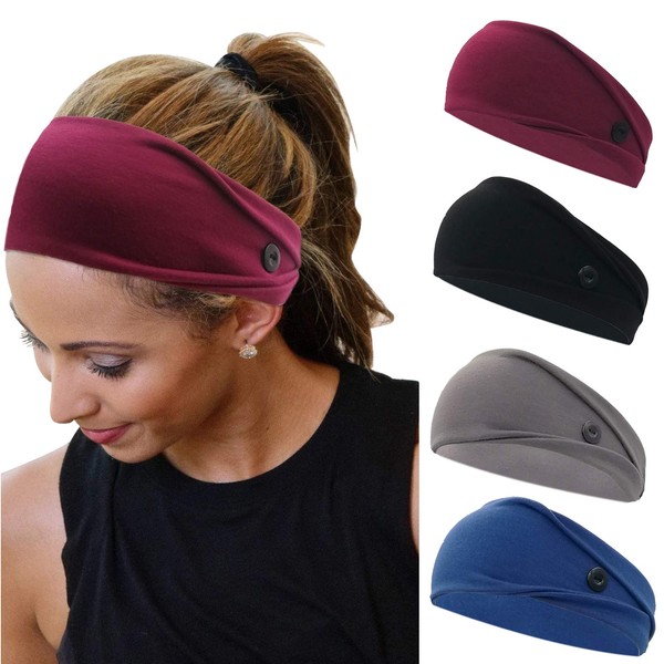 YONUF Headbands For Women Girls Nurses Doctors With Buttons Elastic Yoga Hair Bands Accessories Non Slip 4 Pcs