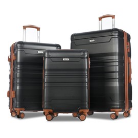 Merax 3pc ABS Hardside Luggage Sets Spinner Wheel Suitcase with TSA Lock, Black+Brown, 20/24/28 Inch