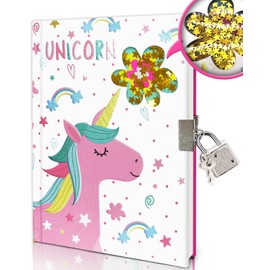 Girls' Diary with Lock, 17.8 x 13.5 cm, 80 Lined Sheets, Shakeable Sequin Unicorn Notebook, Girls, Children, Diary for Writing, Teenagers, Gifts, Girls & Boys, 6, 7, 8, 9, 10, 12 Years