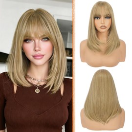 Blonde Bob Wig with Bangs Shoulder Length Straight Natural Looking Synthetic Heat Resistant Medium Hair Wigs for Women Daily Party, 16 Inch Dark Blonde