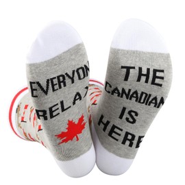 ZJXHPO Canada Day Gift Canadian Crew Sock Everyone Relax The Canadian Is Here Novelty Sock Patriotic Gift Canada Gift (US, Alpha, One Size, Regular, Regular, Canadian Sock)