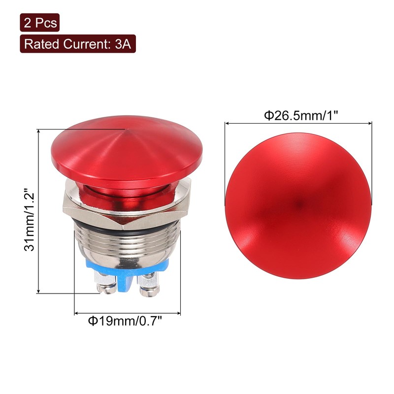 METALLIXITY 2PCS 3A 19MM 3/4" Momentary Mushroom Head Push Button